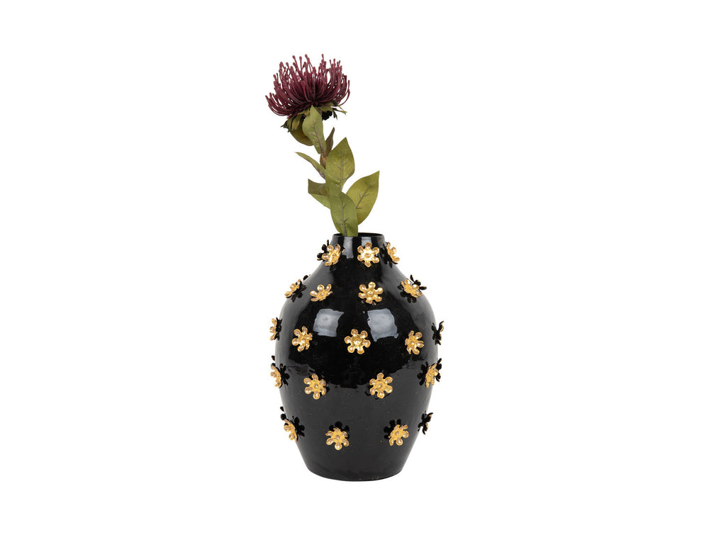 present time Vase Golden Flowers enamel black