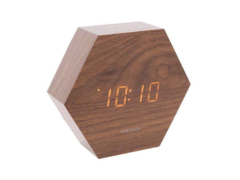 Karlsson Alarm clock Hexagon dark wood veneer, white LED