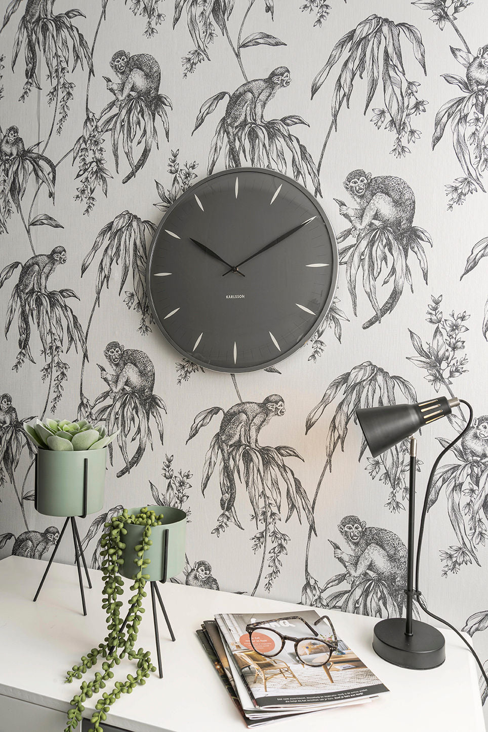 Karlsson Wall clock Leaf dark grey, Dome glass