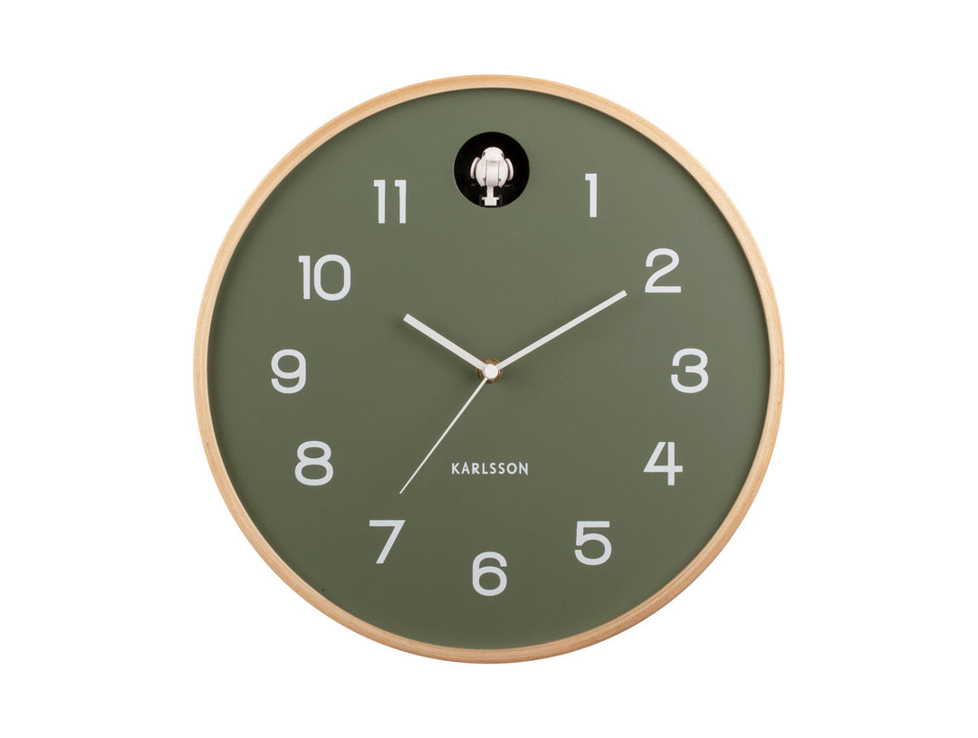 Karlsson Wall clock Natural Cuckoo birch wood jungle green