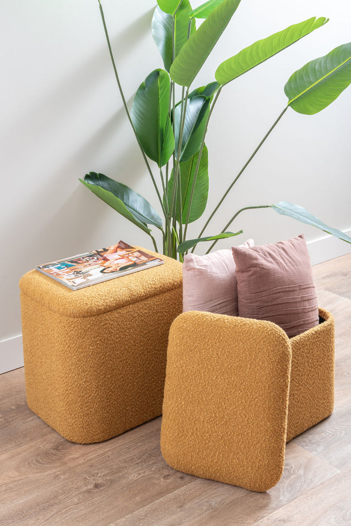Leitmotiv Pouf set Ada storage bouclé ochre yellow, set of 2pcs